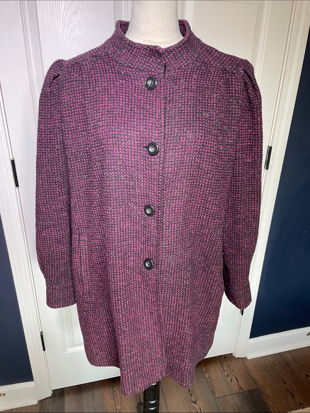 Vintage 80s Purple Bouclé Tweed Car Coat Puff Shoulder Mock Neck Knit Jacket 2X